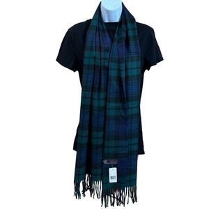 Blue Green Plaid Cashmere Feel Scarf W/Fringe